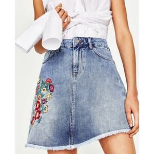 Zara Embroidered Embellished Denim Jean Skirt Small Floral Boho Cottage Festival